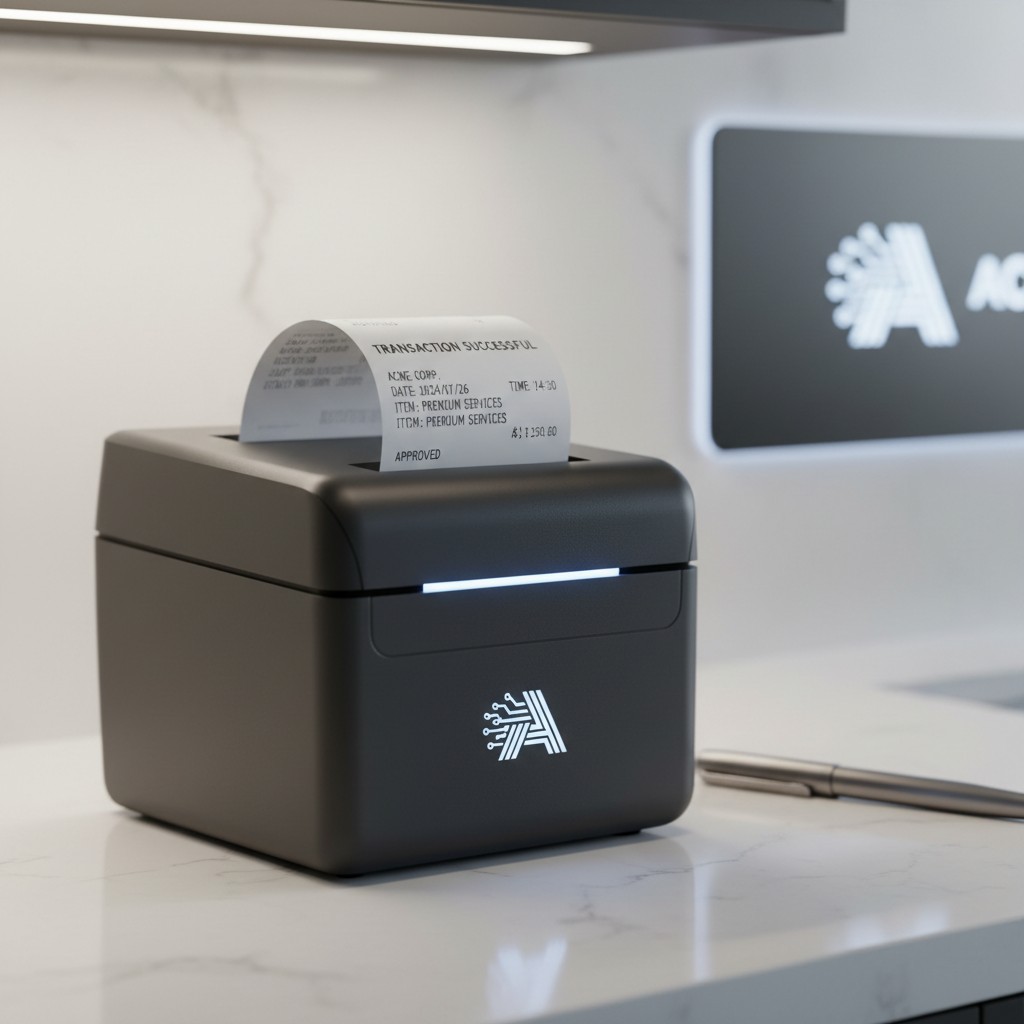 A receipt printer with a printed transaction successful receipt on top, and a pen and company logo in the background.