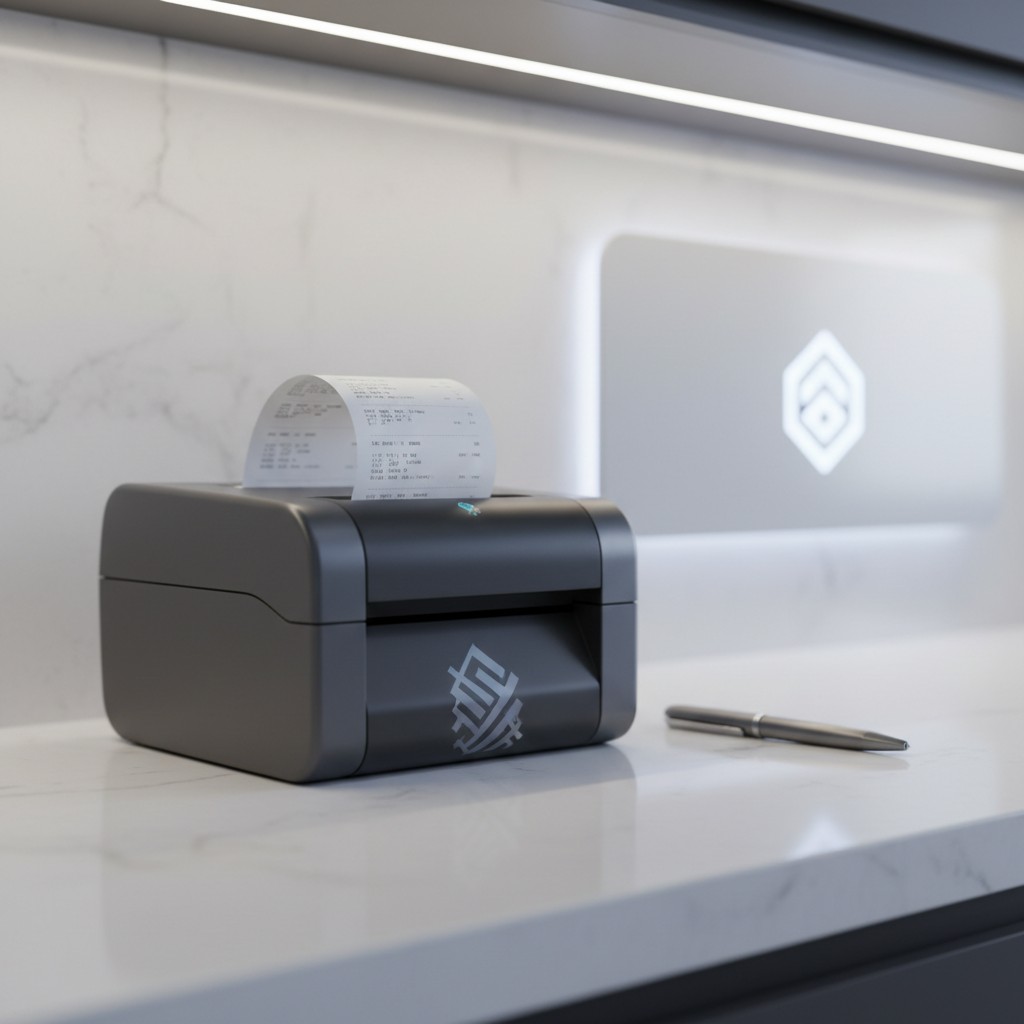 A receipt printer sits on a white marble countertop, likely in a corporate office environment. Across the next desk, a pen...