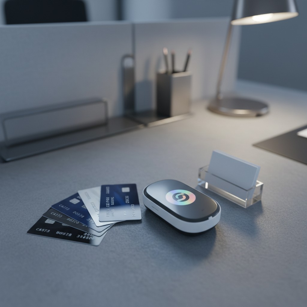 A white wireless mouse with a rainbow-colored logo and a stack of credit cards on a desk with other office supplies.