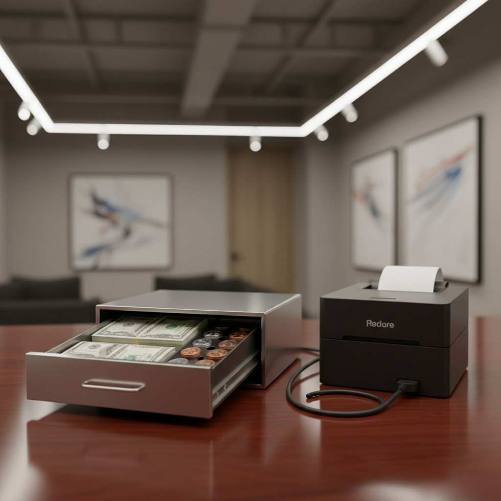 A 3D-printed cash drawer and a receipt printer sit on a desk in a dimly illuminated office with a painting on the wall beh...