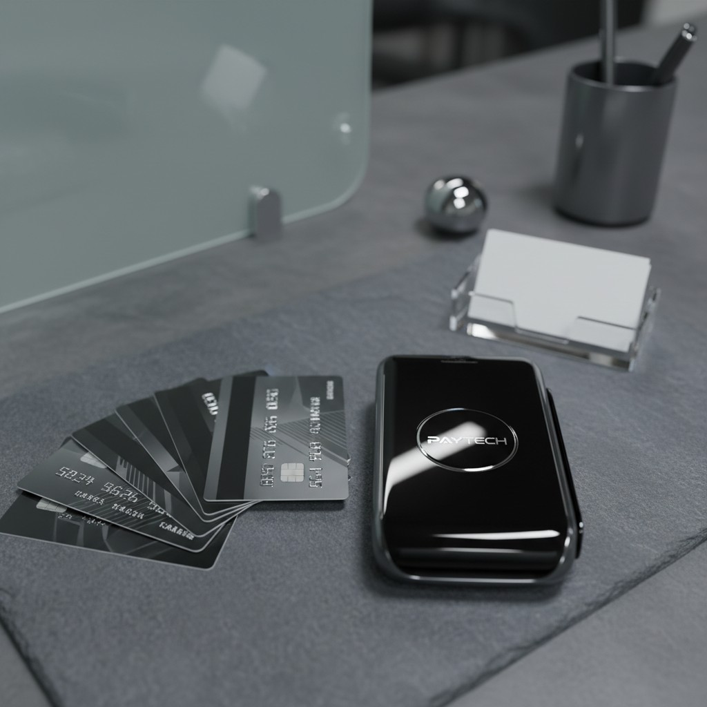 Black and grey business desk with multiple credit cards, smartphone and electronic card reader, and a container of pens.